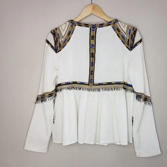 Del Lago Medium NWT Beige Long Sleeve Boho Beaded Embroidered Cropped Jacket - Picture 11 of 15